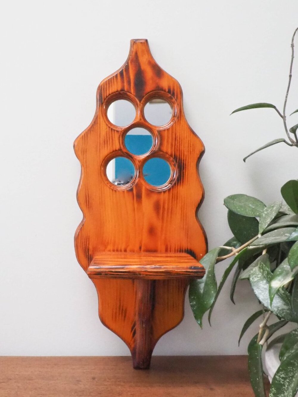 Rustic Wall Shelf and Mirror - 70s Cute Vintage Curio Floating Wood Shelf